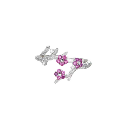 Flor Ciruelo de Plata – Anillo Ajustable con Circonitas